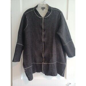 Eileen Fisher Merino wool jacket 2X plus sz patchwork pockets zip-up black gray